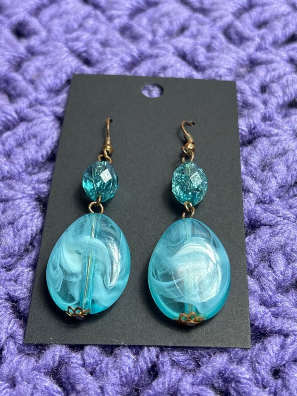 Blue Plasted Swirled Faceted Beaded Dangle Earrings Copper Hooks